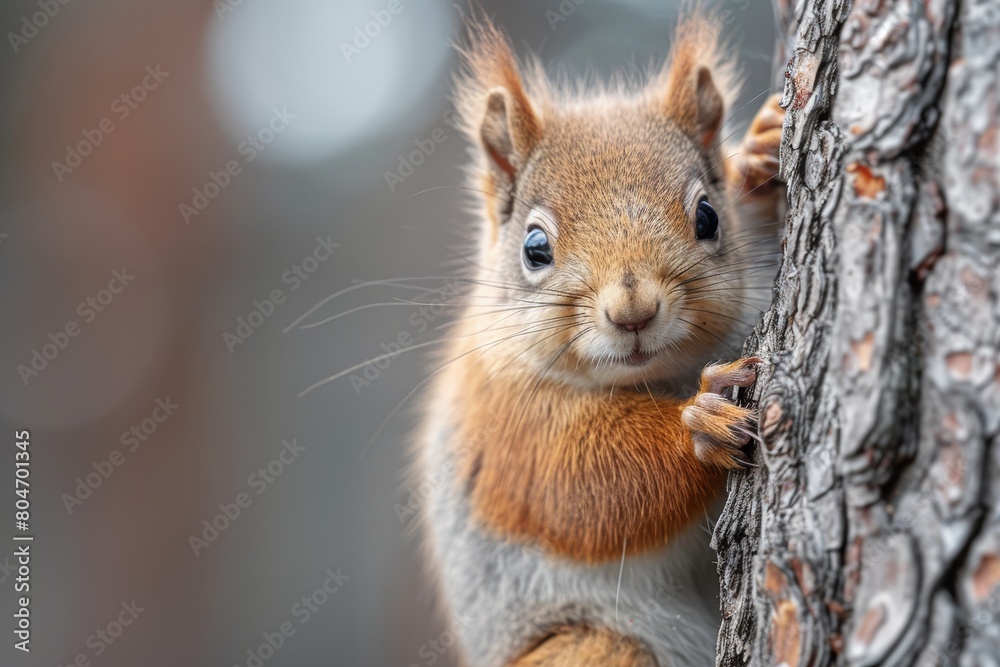 Playful red squirrel peeking curiously from behind a pine tree trunk in a natural forest setting Playful red squirrel peeking curiously from behind a pine tree trunk in a natural forest setting