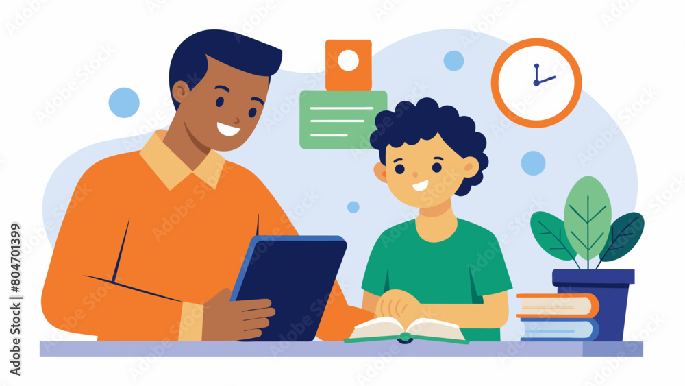 A mentor with ADHD teaches their mentee with ADHD about time management techniques to help them thrive in their studies.. Vector illustration A mentor with ADHD teaches their mentee with ADHD about time management techniques to help them thrive in their studies.. Vector illustration