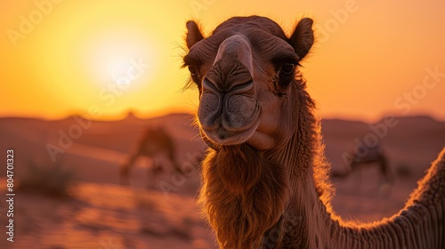 An engaging close-up of a camel with a warm  friendly expression set against a stunning desert sunset backdrop