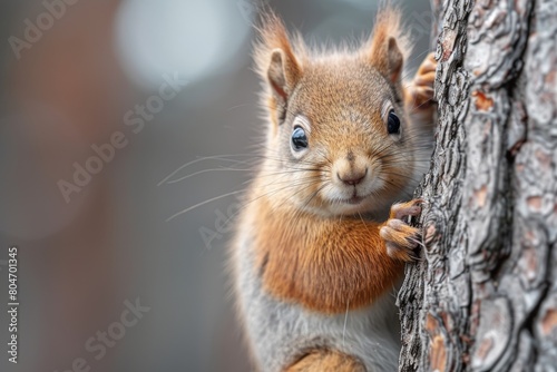Playful red squirrel peeking curiously from behind a pine tree trunk in a natural forest setting photo