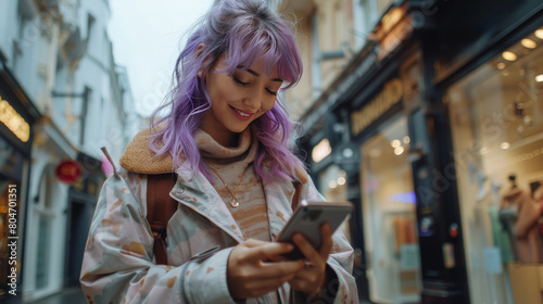 Woman With Purple Hair Using Cell Phone