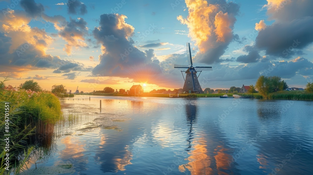 Breathtaking Sunset Over the Traditional Dutch Windmill at Kinderdijk, Netherlands