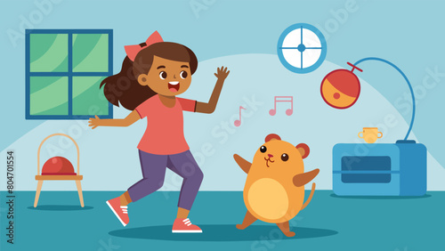 A young girl and her hamster have a dance party in her bedroom with the tiny pet running on a wheel as she does jumping jacks and dances to her. Vector illustration