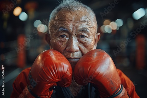 Determined senior male boxer with boxing gloves rests his face on his fists, looking directly at the camera