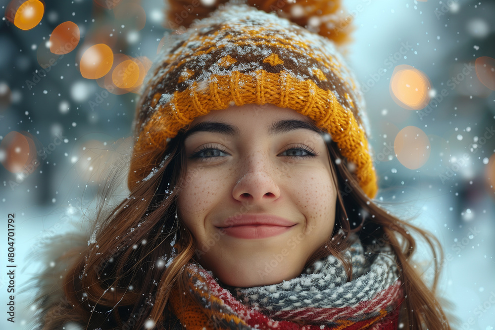 Portrait of a beautiful young woman in winter. Wearing warm stylish dress. Enjoys the cold, frosty winter and the falling snow. Portrait of a beautiful young woman in winter. Wearing warm stylish dress. Enjoys the cold, frosty winter and the falling snow.