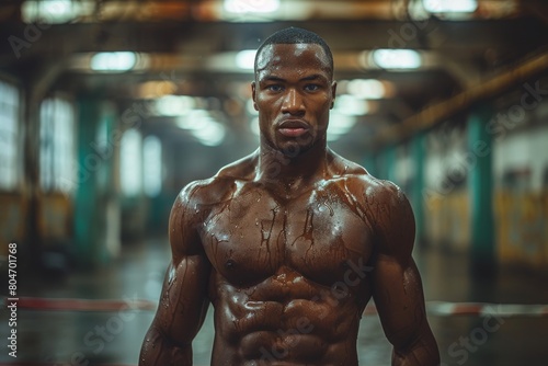A muscular male boxer with a focused expression stands in a dimly lit gym with visible sweat