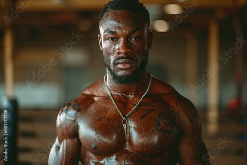 A tattooed, muscular boxer gazes intently at the camera, his skin glistening with sweat