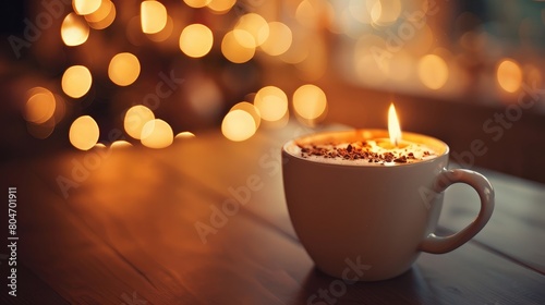 A soft focus image of a cup of hot chocolate with shallow depth of field and blurred surroundings, creating a cozy atmosphere.