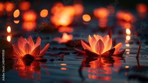 Lotus vesak wesak lanterns floating on water with light reflection and copy space - generative ai