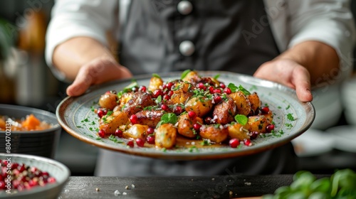 Chef presenting a gourmet dish of roasted potatoes sprinkled with pomegranate seeds and fresh herbs, beautifully plated. Roasted Potatoes with Pomegranate and Herbs
