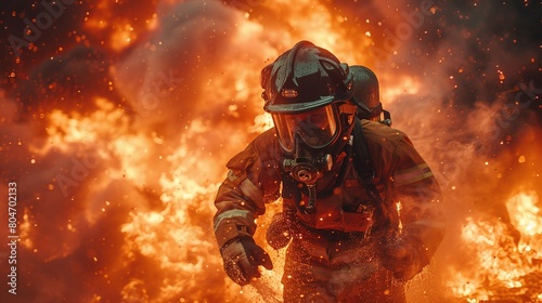 A firefighter is wearing a gas mask and standing in front of a burning building