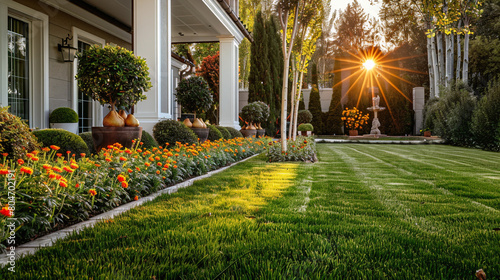 Luxurious front yard with tall ornamental pears and short marigolds, perfectly manicured lawn photo