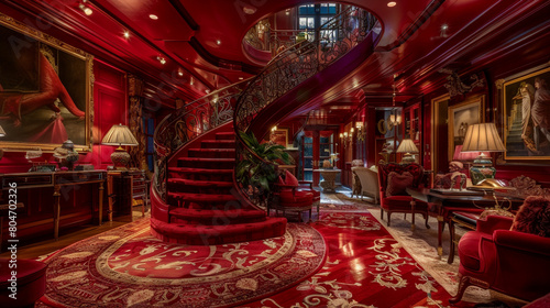 Luxurious ruby red entrance hall with a spiral staircase and lush furnishings in an upscale American setting.