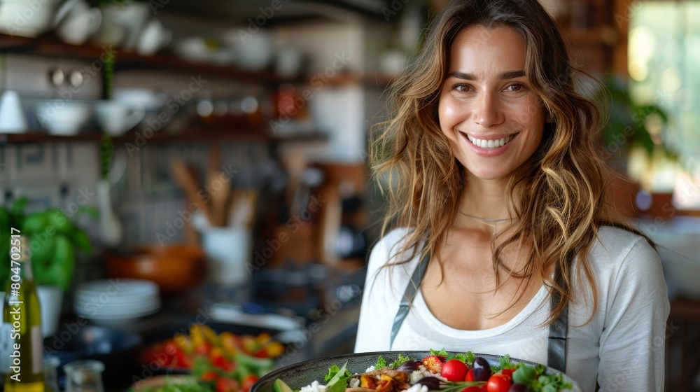 Happy Woman Serving Fresh Salad at Home Happy Woman Serving Fresh Salad at Home