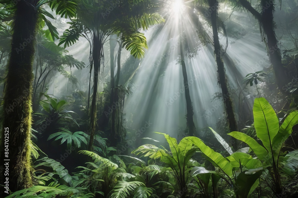 Naklejka premium Enchanting rays of sunlight filtering through the verdant tropical rainforest canopy, casting a spellbinding aura of mystique and beauty.