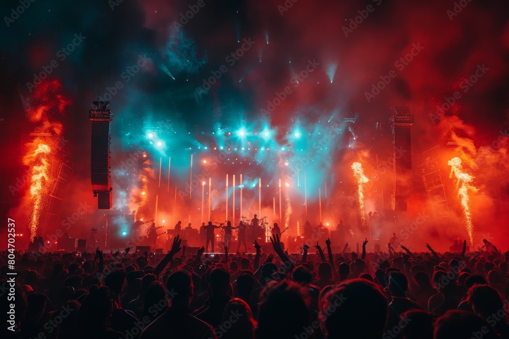 Obraz premium A stunning display of pyrotechnics envelops a concert stage, igniting the scene with red and orange flames