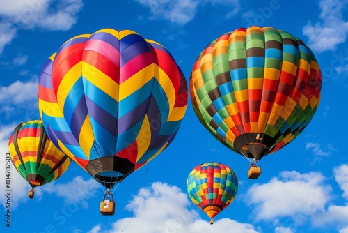 Colorful hot air balloons in sky.