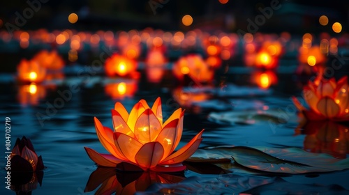Lotus vesak/wesak lanterns floating on water with light reflection and copy space - generative ai