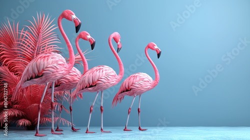 closeup flamingo on soft blue background with copy space