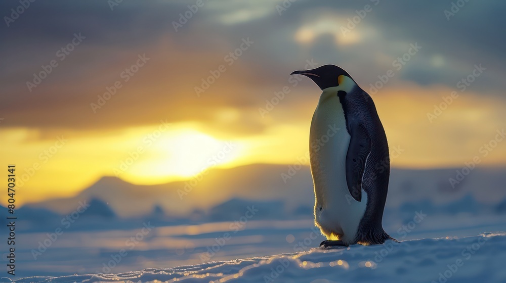 Fototapeta premium Majestic Emperor penguin captured during the golden hour, with the sun setting behind ice formations