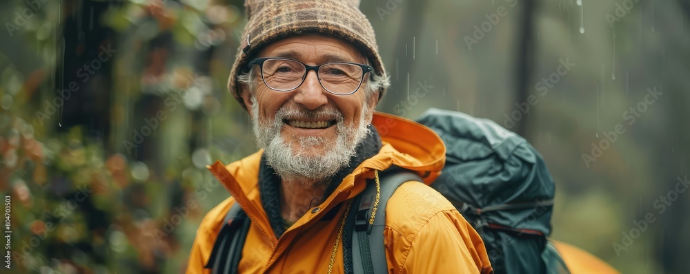 Cheerful older man with a hat smiles in rainy forest. Camping in rain concept Cheerful older man with a hat smiles in rainy forest. Camping in rain concept