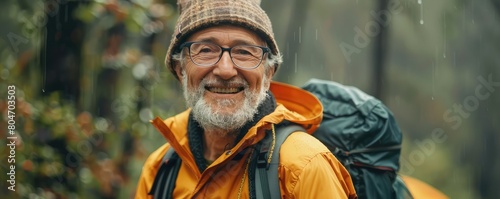 Cheerful older man with a hat smiles in rainy forest. Camping in rain concept
