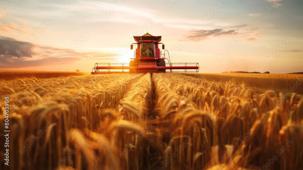 Fototapeta premium Dynamic view of a combine harvester cutting through a ripe wheat field during a vibrant sunrise