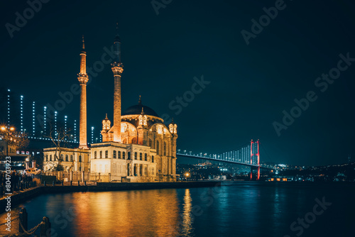 Istanbul. Image of Ortakoy Mosque with Bosphorus Bridge in Istanbul during beautiful night