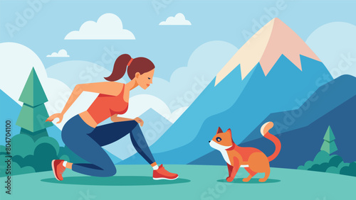A woman takes her cat on a hike through the mountains stopping to do squats and lunges along the trail for a fullbody workout.. Vector illustration
