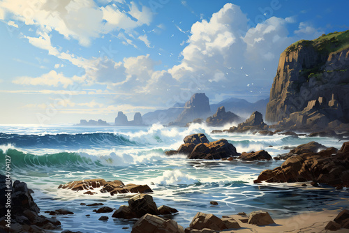 A serene coastal scene with rocky cliffs overlooking crashing waves under a dramatic sky, isolated on solid white background.