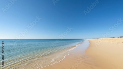 A serene view of a quiet sandy beach meeting the calm blue waters of the ocean under a clear sky