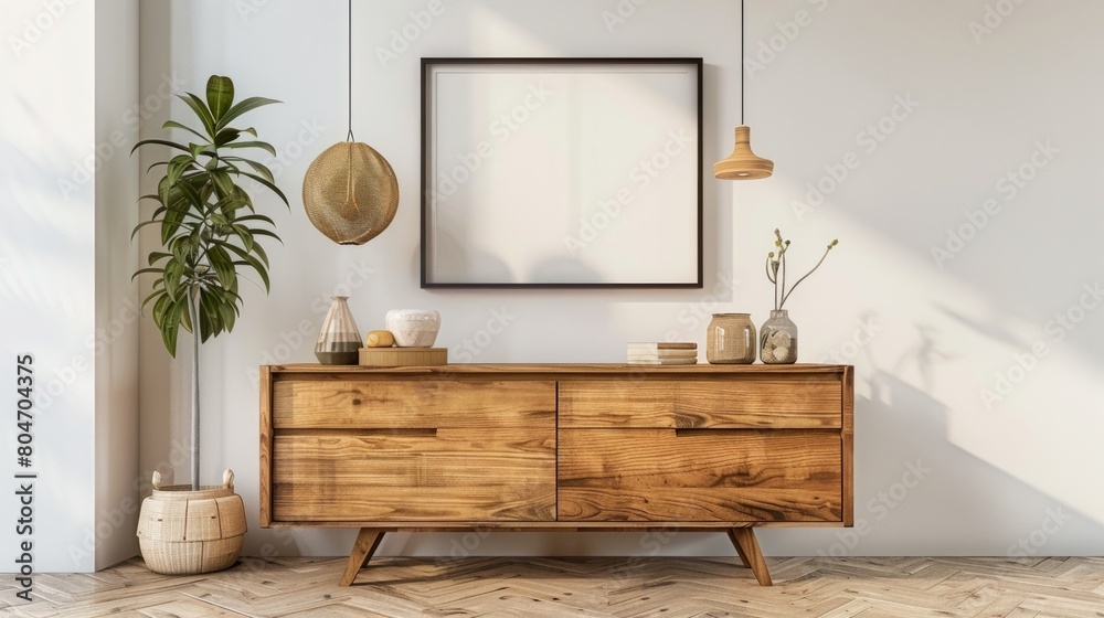 Wood cabinet and accessories decor in living room interior on empty white wall background. Wood cabinet and accessories decor in living room interior on empty white wall background.
