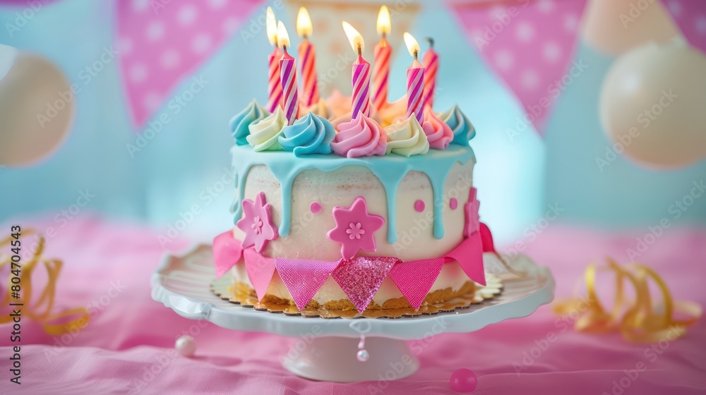 A whimsically decorated birthday cake with blue and pink frosting, adorned with ribbons and lit candles