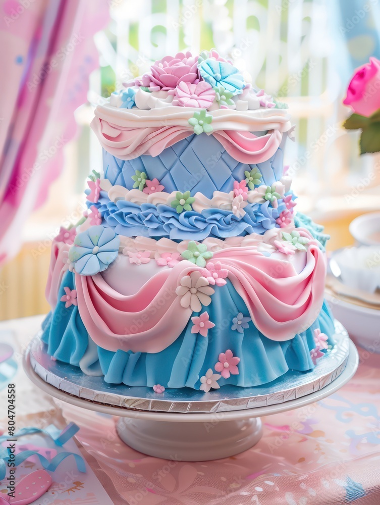 An intricately designed multi-layer wedding cake with fondant flowers and ribbons, perfect for a grand celebration An intricately designed multi-layer wedding cake with fondant flowers and ribbons, perfect for a grand celebration