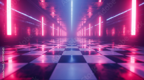 A long hallway with neon lights and a checkered floor