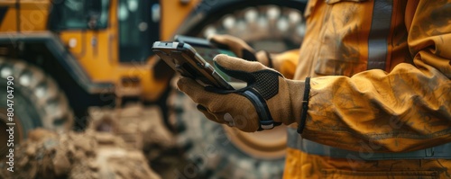 A construction worker in reflective clothing uses a tablet in an industrial setting with heavy machinery © amazingfotommm