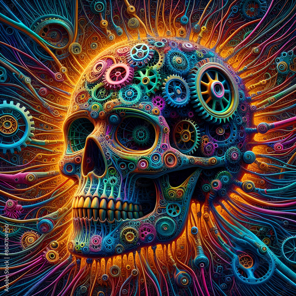 Cybernetics Deep Dream Sugar Skull with Gears & Wires, Psychedelic Trippy Melting Twisted Rainbow Late 90s Electronic Music Album Art, Background Technology & Science. Higher Yoga to Chill Out & Relax Cybernetics Deep Dream Sugar Skull with Gears & Wires, Psychedelic Trippy Melting Twisted Rainbow Late 90s Electronic Music Album Art, Background Technology & Science. Higher Yoga to Chill Out & Relax
