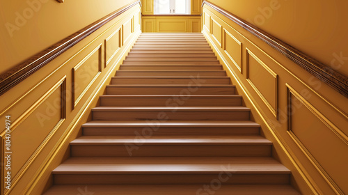 Ochre stairs with a classic wooden handrail  full length view in an elegant setting.