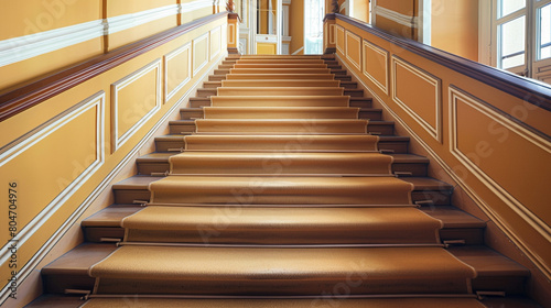 Ochre stairs with a classic wooden handrail, full length view in an elegant setting.