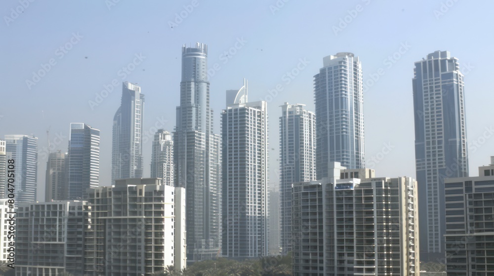 A slightly hazy image displaying a cluster of impressive skyscrapers and urban development in city's skyline A slightly hazy image displaying a cluster of impressive skyscrapers and urban development in city's skyline