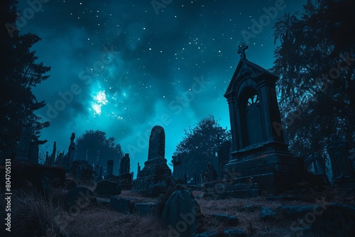 Hallowed Ancient graveyard night. Cemetery zombie. Generate Ai