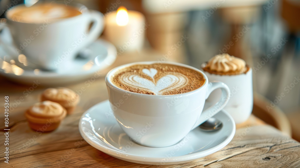 Delicious cappuccino with a heart-shaped pattern served in a ceramic white cup accompanied by a lit candle Delicious cappuccino with a heart-shaped pattern served in a ceramic white cup accompanied by a lit candle