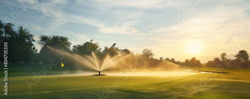 dawn light bathes a golf course, casting long shadows and illuminating the morning mist. banner