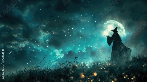 Beautiful witch casting a spell on mysterious night