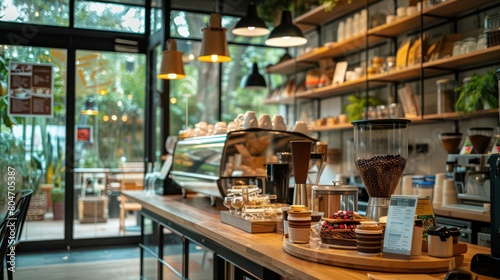 A warm and inviting coffee shop interior with well-arranged shelves, espresso machines, and rustic wooden decor