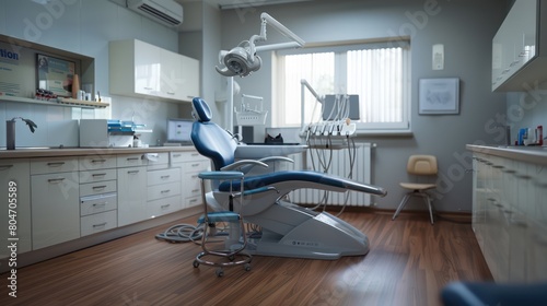 An empty modern dental office with a high-tech dental chair and clean environment showcasing cutting-edge technology in dentistry