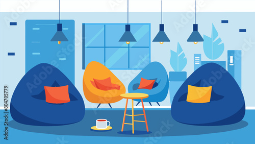 A vibrant coworking space boasting trendy bean bag chairs made from repurposed denim showcasing the creativity and playfulness of sustainable office. Vector illustration