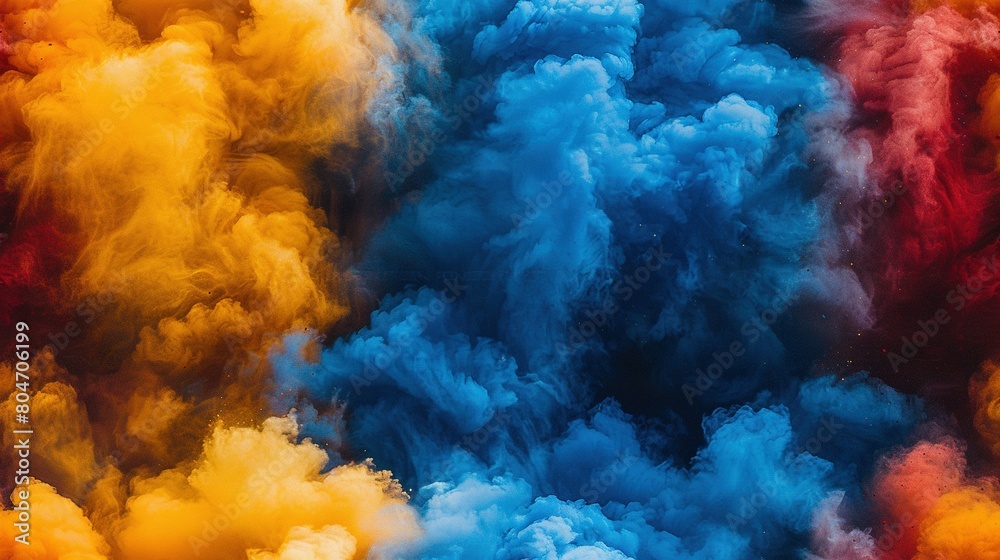   A cloud of multicolored smoke is visible in the image, featuring shades of red, yellow, and blue