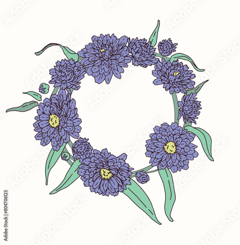 vector illustration vintage drawing wreath of medium purple flowers asters
