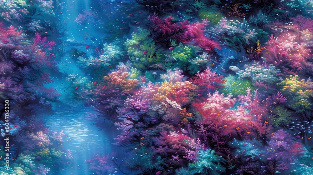  A vibrant forest painting depicts a myriad of plant colors, thriving along the shores of a serene water body